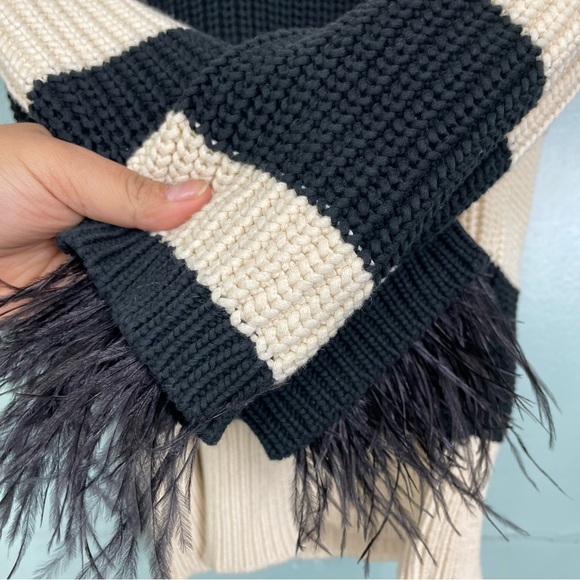 J.Crew Collection Feather Trim Crewneck Sweater Knitted Stripped Black Off White - Picture 5 of 9